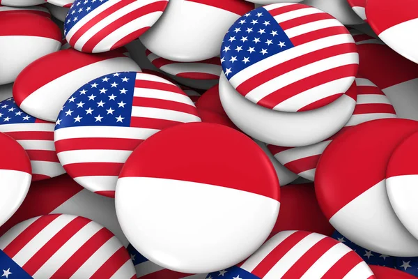 USA a Monako / Indonésie odznaky pozadí - hromadu amerických a Monakem / indonéské vlajky tlačítka 3d obrázek — Stock fotografie