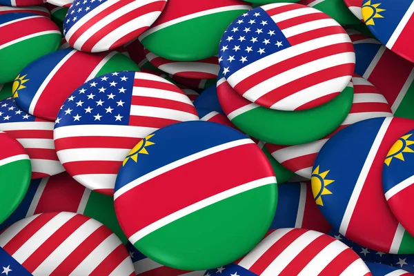 EUA e Namíbia Insígnias fundo - Pilha de americano e Namíbia Bandeira Botões ilustração 3D — Fotografia de Stock