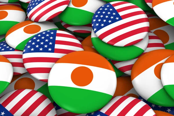 3d obrázek tlačítka pro USA a Niger odznaky pozadí - hromadu amerických a nigerským vlajky — Stock fotografie