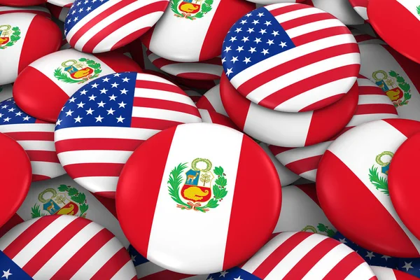 Sfondo di distintivi USA e Perù - Pile di pulsanti di bandiera americani e peruviani Illustrazione 3D — Foto Stock