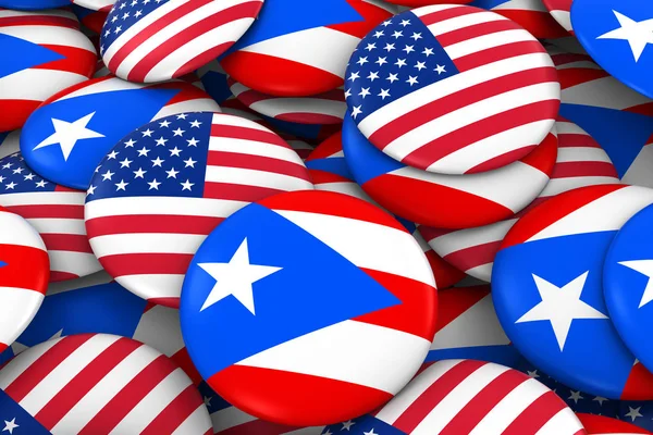 США і Пуерто-Ріко значки фон - купа американського і прапор Пуерто Костариканський кнопки 3d ілюстрація — стокове фото