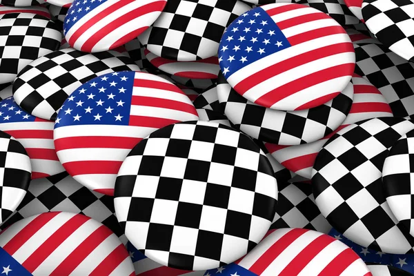 ABD ve yarış dama rozetleri arka plan - Amerikan ve Damalı bayrağı yığını düğmeleri 3d çizim
