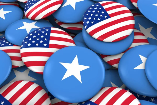 USA a Somálsko odznaky pozadí - hromadu amerických a Somálská vlajka tlačítka 3d ilustrace — Stock fotografie
