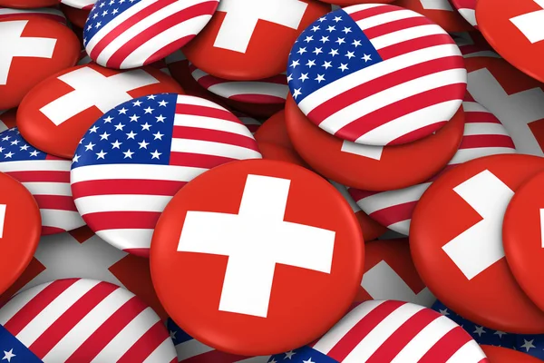 3d obrázek tlačítka pro USA a Švýcarsko odznaky pozadí - hromadu americké a švýcarské vlajky — Stock fotografie