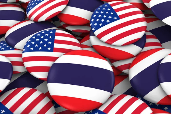 3d obrázek tlačítka pro USA a Thajsko odznaky pozadí - hromadu amerických a thajské vlajky — Stock fotografie
