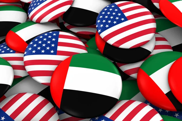 USA and United Arab Emirates Badges Background - Pile of American and Emirati Flag Buttons 3D Illustration