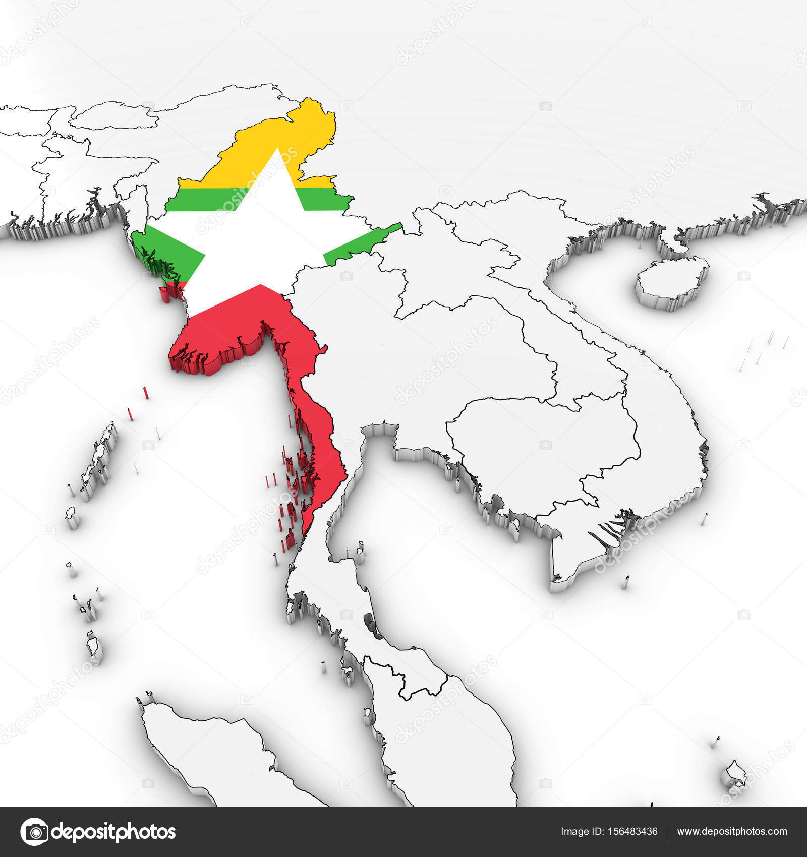 3D Map of Myanmar with Burmese Flag on White Background 3D ...