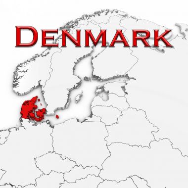 3D harita Danimarka ülke ile isim vurgulanan kırmızı beyaz arka plan 3d çizim