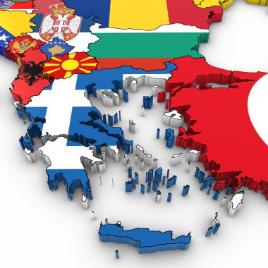 Beyaz üzerine ülke bayrakları ile Balkanlar 3D harita arka plan 3d çizim