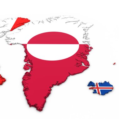 Grönland ve İzlanda beyaz ulusal bayrakları ile 3D harita arka plan 3d çizim