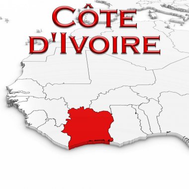 Fildişi Sahili ülke ile 3D harita adı vurgulanan kırmızı beyaz