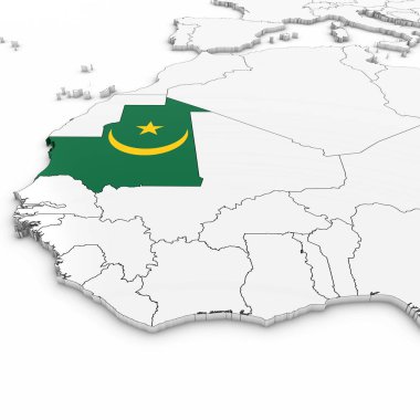 3D beyaz arka planda 3 Moritanya bayrak ile Moritanya Haritası