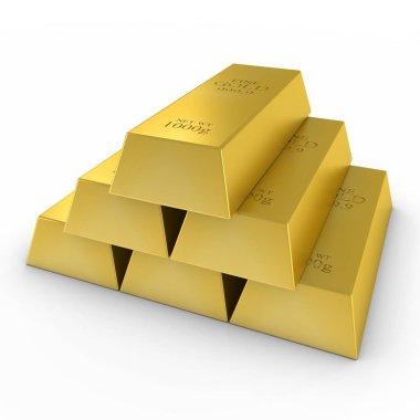 Bir yığın altın çubukları üzerinde beyaz arka plan 3d çizim