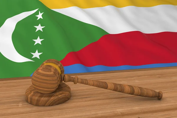 Concept de droit comorien - Drapeau des Comores derrière le marteau du juge Illustration 3D — Photo