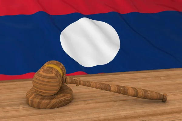 Laotian Law Concept - Flag of Laos Behind Judge 's Gavel 3D Illustration — стоковое фото