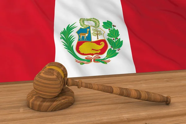 Concepto de Derecho Peruano - Bandera del Perú Detrás del Martillo del Juez Ilustración 3D —  Fotos de Stock