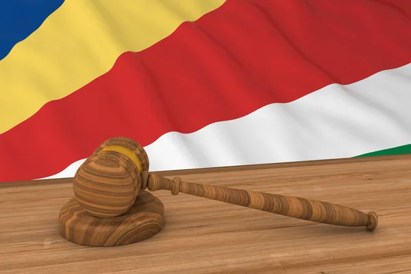Seychelle-i jogi fogalom - Seychelle-szigetek mögött bíró zászlaja marok 3D-s illusztráció — Stock Fotó