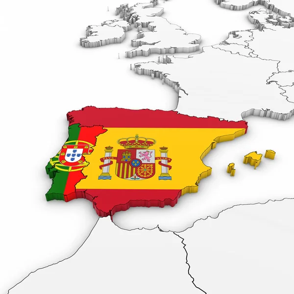 Mapa 3D de España y Portugal con banderas nacionales sobre fondo blanco Ilustración 3D — Foto de Stock