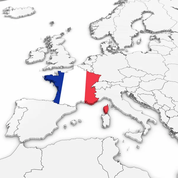 3D-s Térkép a francia francia zászló fehér háttér, 3D-s illusztráció — Stock Fotó