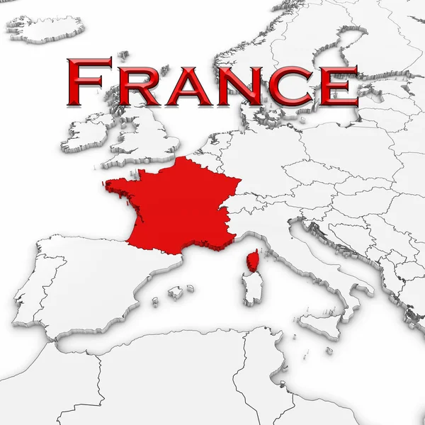 3D карта Франції з країною назвати виділені червоним на білому з білим тло 3d ілюстрація — стокове фото