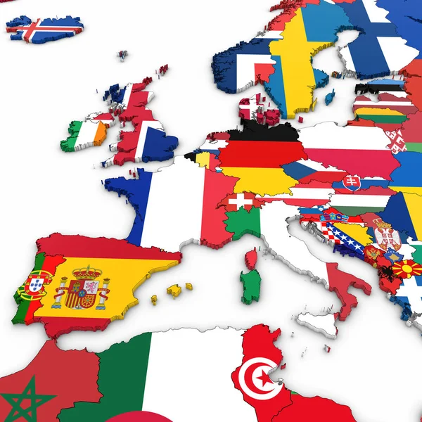 3D mapa Europy zachodniej z flagi narodowe na białym tle ilustracja 3d — Zdjęcie stockowe