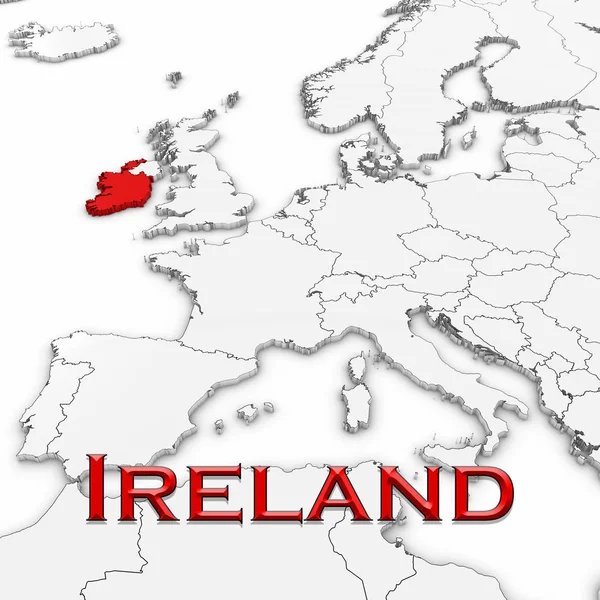 3D Map of Ireland with Country Name Highlighted Red on White with White Background 3D Illustration