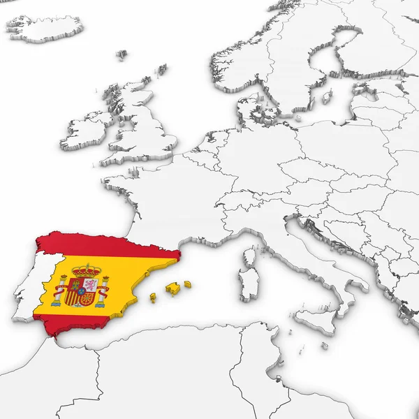 Mapa 3D de España con Bandera de España sobre fondo blanco Ilustración 3D —  Fotos de Stock