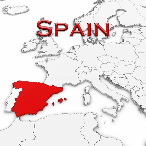 Mapa 3D de España con el nombre del país resaltado rojo sobre blanco con fondo blanco Ilustración 3D —  Fotos de Stock