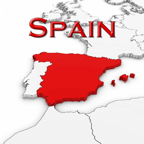 Mapa 3D de España con el nombre del país resaltado rojo sobre blanco con fondo blanco Ilustración 3D —  Fotos de Stock