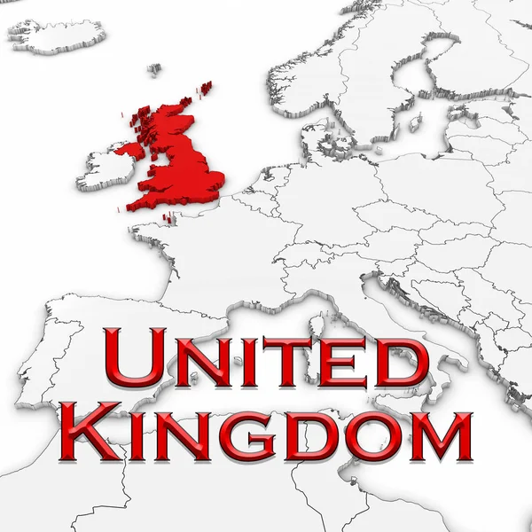 Mapa 3D del Reino Unido con el nombre del país resaltado rojo sobre blanco con fondo blanco Ilustración 3D — Foto de Stock