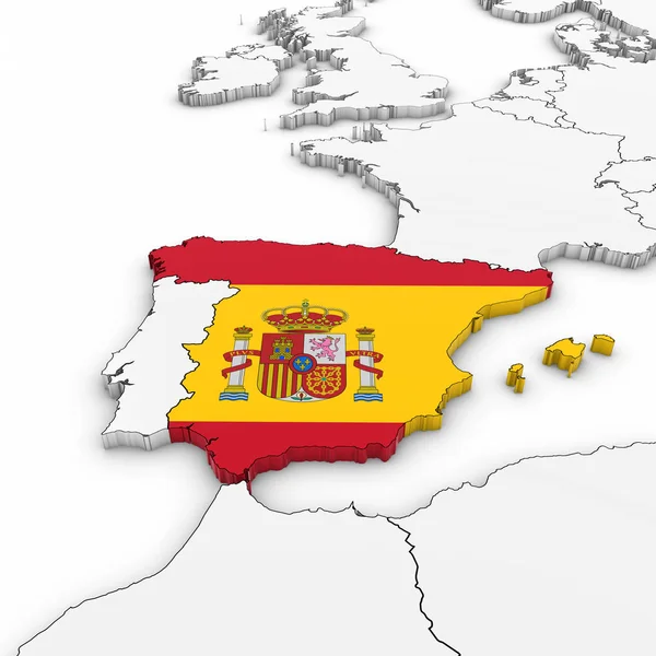 Mapa 3D de España con Bandera de España sobre fondo blanco Ilustración 3D — Foto de Stock