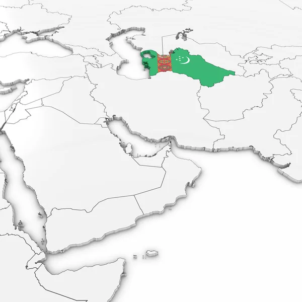 Mappa 3D del Turkmenistan con bandiera turkmena su sfondo bianco Illustrazione 3D — Foto Stock