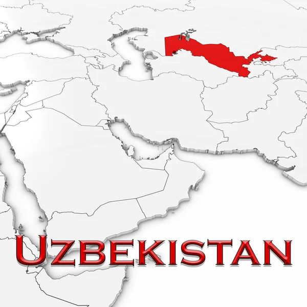 Mapa 3D de Uzbekistán con el nombre del país resaltado rojo sobre fondo blanco Ilustración 3D — Foto de Stock