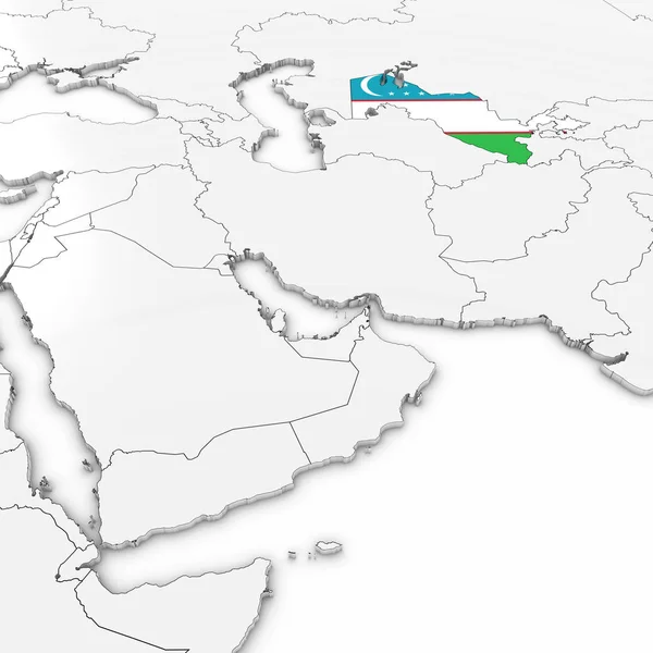 Mappa 3D dell'Uzbekistan con bandiera uzbeka su sfondo bianco Illustrazione 3D — Foto Stock
