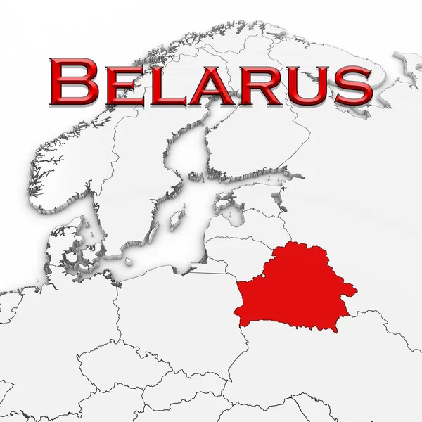 3D карта Беларуси с названием страны выделена красным на белом фоне 3D иллюстрация — стоковое фото