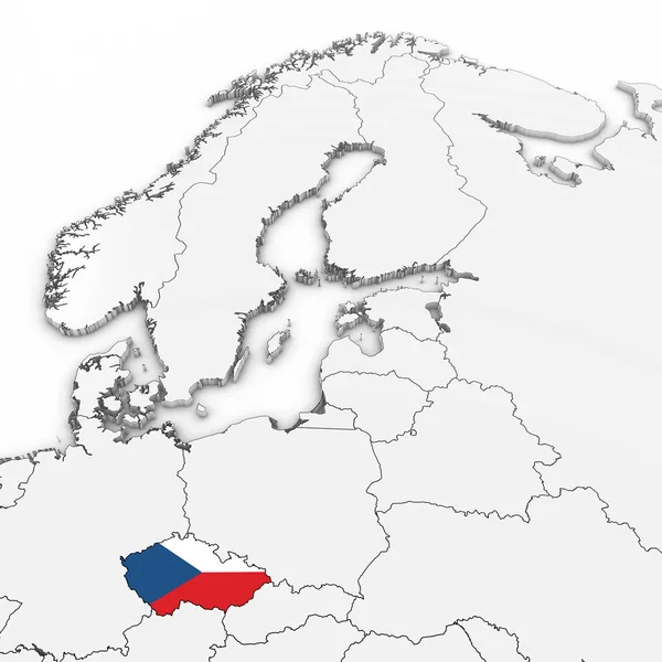 Mapa 3D de República Checa con bandera checa sobre fondo blanco Ilustración 3D — Foto de Stock
