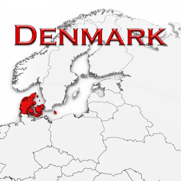 Mapa 3D de Dinamarca con el nombre del país resaltado rojo sobre fondo blanco Ilustración 3D — Foto de Stock