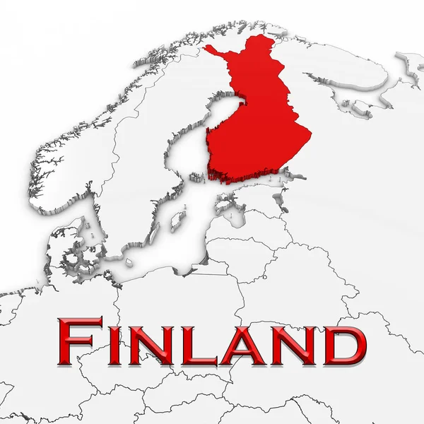 Mapa 3D de Finlandia con el nombre del país resaltado Rojo sobre fondo blanco Ilustración 3D — Foto de Stock