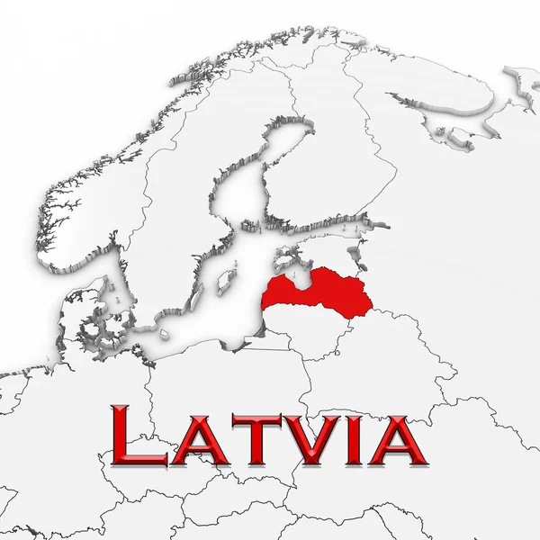 3D Map of Latvia with Country Name Highlighted Red on White Background 3D Illustration