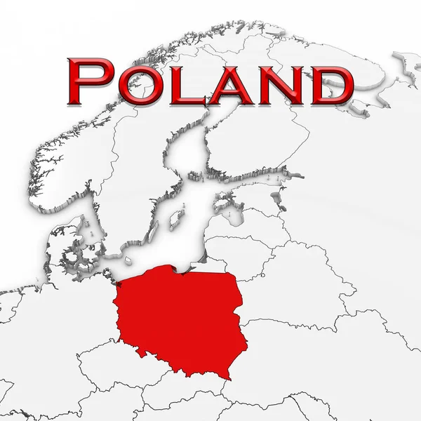 3D Map of Poland with Country Name Highlighted Red on White Background 3D Illustration — Stock Photo, Image