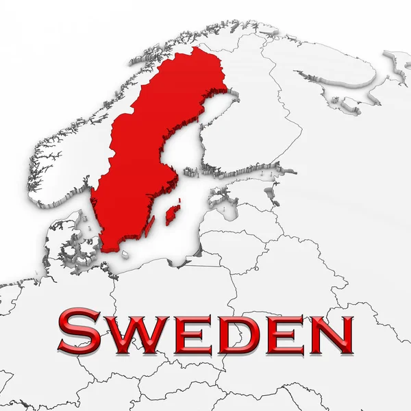 Mapa 3D de Suecia con el nombre del país resaltado Rojo sobre fondo blanco Ilustración 3D — Foto de Stock