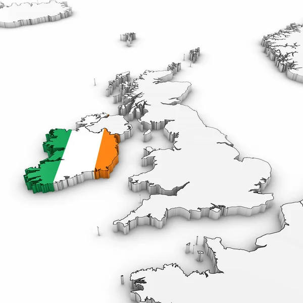 3D-s Térkép Írország ír zászló fehér háttér, 3D-s illusztráció — Stock Fotó