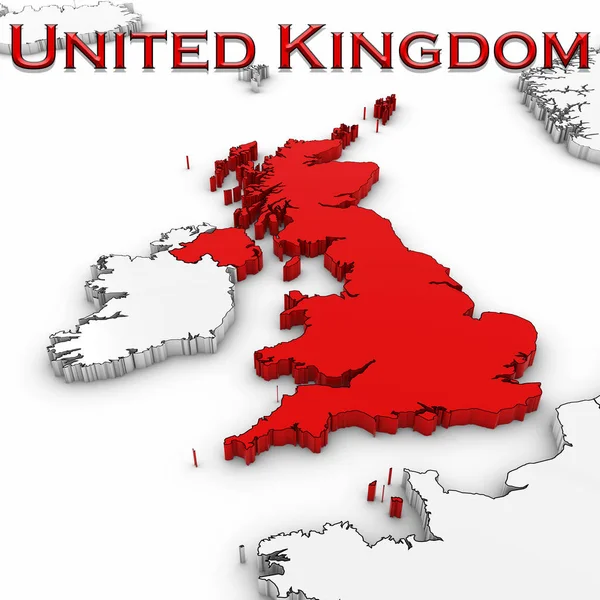 Mapa 3D del Reino Unido con el nombre del país resaltado Rojo sobre fondo blanco Ilustración 3D — Foto de Stock