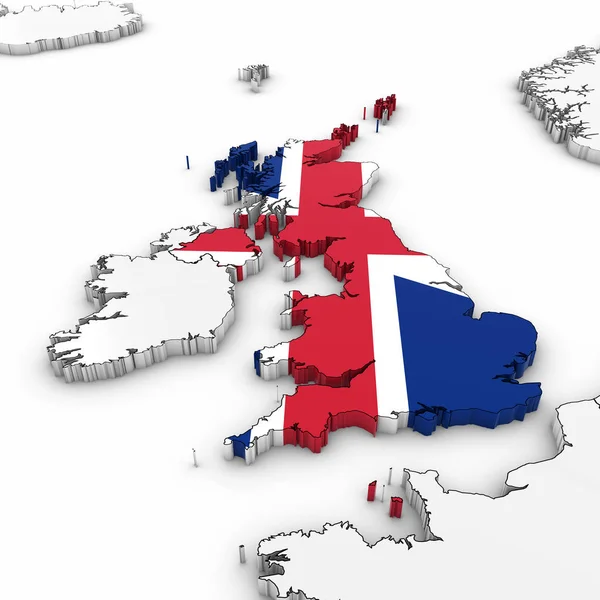 Mapa 3D del Reino Unido con bandera británica sobre fondo blanco Ilustración 3D — Foto de Stock