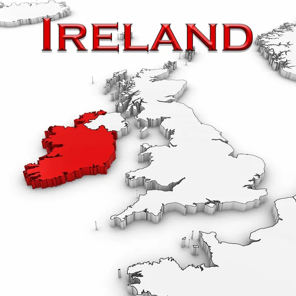 3D-s Térkép Írország ország neve Kiemelt piros, fehér háttér, 3D-s illusztráció — Stock Fotó