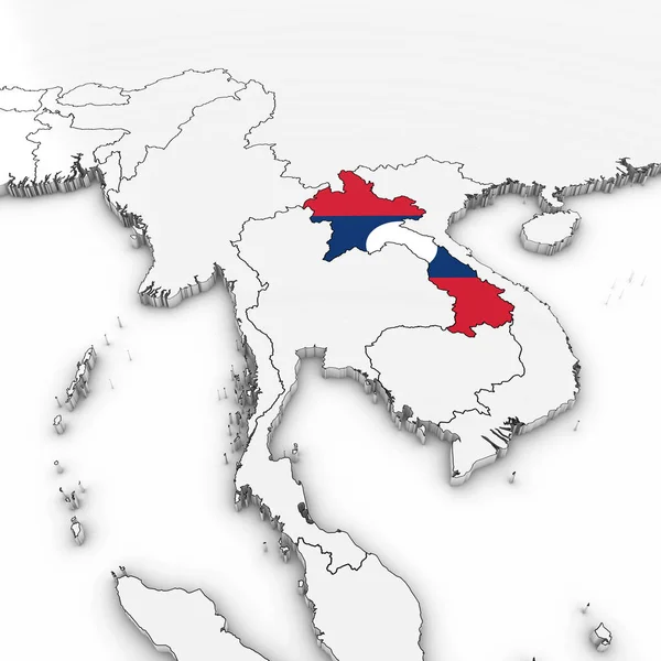 3D-karta av Laos med laotiska flagga på vit bakgrund 3d Illustration — Stockfoto