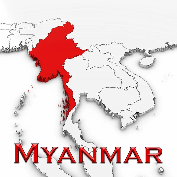 Mapa 3D de Myanmar con el nombre del país resaltado rojo sobre fondo blanco Ilustración 3D —  Fotos de Stock