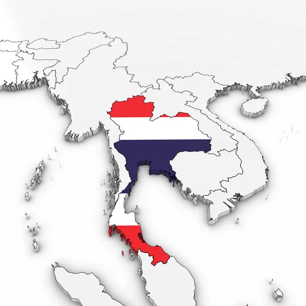 Mappa 3D della Thailandia con bandiera tailandese su sfondo bianco Illustrazione 3D — Foto Stock