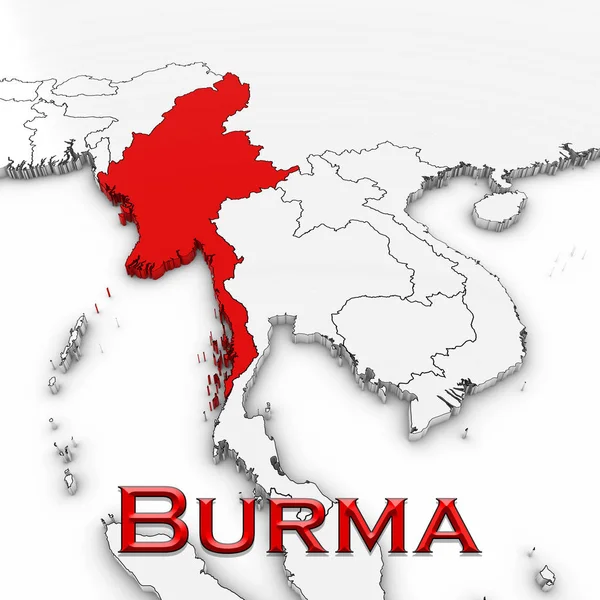 3D карта Бирмы / Мьянмы с названием страны выделена красным на белом фоне 3D иллюстрация — стоковое фото
