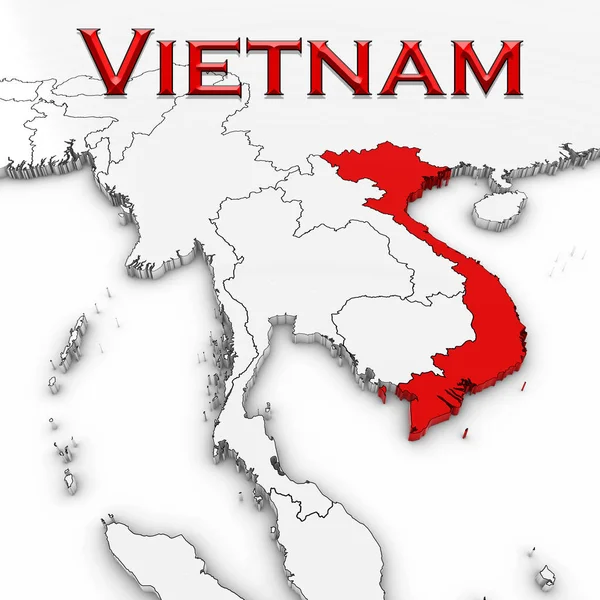 Mappa 3D del Vietnam con il nome del paese In evidenza Rosso su sfondo bianco Illustrazione 3D — Foto Stock